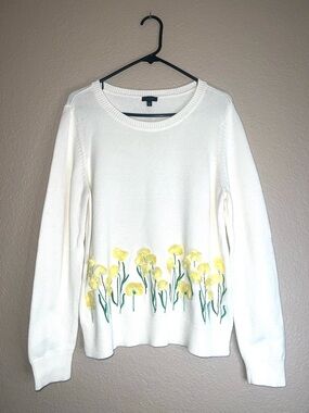 Talbots Ivory 3D Yellow Floral Embroidered Long Sleeve Knit Sweater Sz L